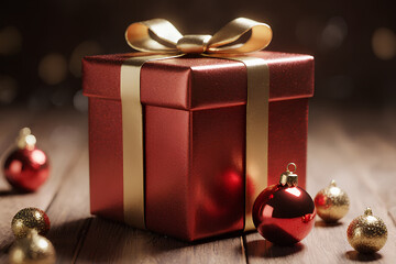 Beautifully wrapped Christmas gift decorated with ball, Christmas card