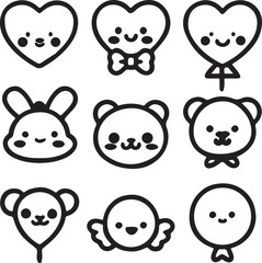 Funny cartoon animal faces icons vector illustration set for children.