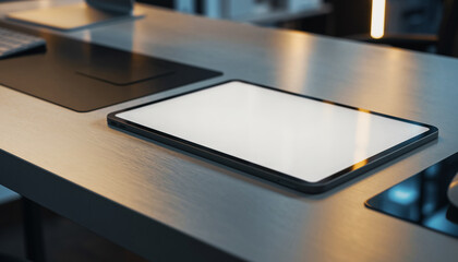 Tablet with blank screen on modern office desk, soft interior lighting creates calm atmosphere, perfect for product placement or technology presentations, contemporary workspace