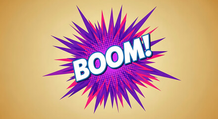 Vibrant comic book style boom explosion with bold text on a textured background