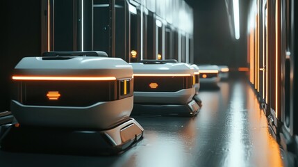 Futuristic Delivery Robots in a Modern Industrial Setting.