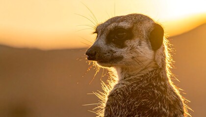 A meerkat gazes at the warm golden hour sky. Its fur is illuminated by the sunlight, creating a stunning portrait of the small mammal