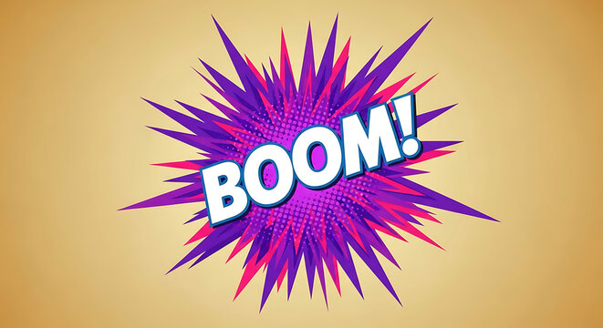 Vibrant comic book style boom explosion with bold text on a textured background