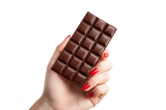 Womans hand holding a bar of chocolate isolated on transparent background