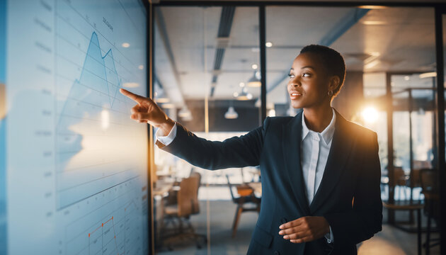 Businesswoman digital whiteboard graph presentation office professional confident teamwork data analysis modern workspace collaborative strategy success meeting technology leadership corporate