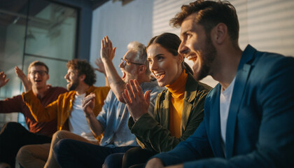 Happy team creative colleagues celebrating project success high energy modern studio group teamwork collaboration achievement group of creative colleagues celebrating project success with high