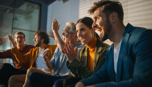 Happy team creative colleagues celebrating project success high energy modern studio group teamwork collaboration achievement group of creative colleagues celebrating project success with high