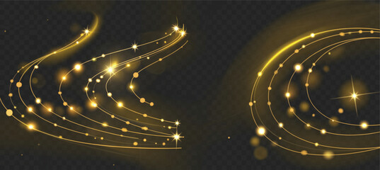 Golden light trails vector with glittering particles and sparkling stars on transparent background © Minhaz Shop GT