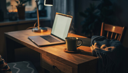 Warm evening work from home scene with open laptop, steaming tea cup, cozy blanket, wooden desk, soft ambient light, and indoor plants creating calm, inviting atmosphere