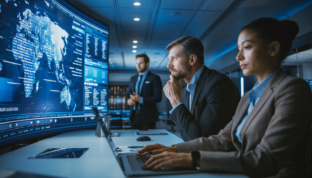 Executives reviewing global strategy on large interactive screen in high tech control room, analyzing data and discussing international business operations, focused and professional atmosphere