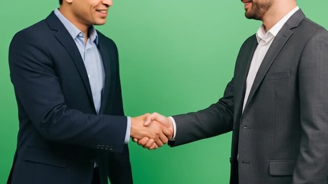 Seamless partnership: businessmen handshaking with smile against a vibrant green screen
