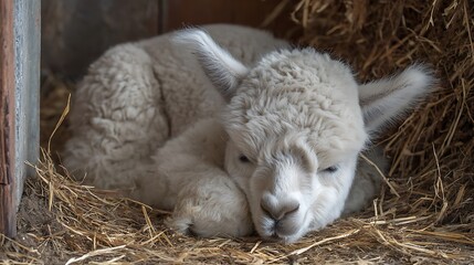 Obraz premium Sleeping Alpaca Cub in Hay Indoor Animal Portrait Close-up