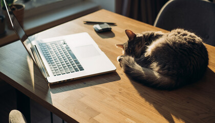 Home office desk with laptop, fluffy cat sleeping beside keyboard, warm sunlight streaming through window, cozy and peaceful workspace atmosphere