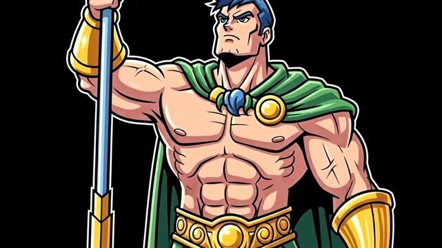 Muscular cartoon hero with green cape and golden armor holding a staff.