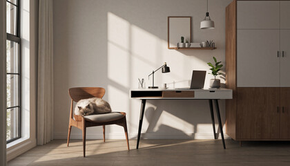 Modern home office with sunlight streaming through large window, cat sleeping on wooden chair, minimalist Scandinavian style, white desk, laptop, plant, cozy and peaceful workspace