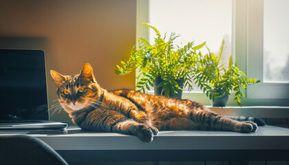 Cat relaxing on desk beside laptop and green indoor plants in bright morning sunlight, cozy home office atmosphere, peaceful and inviting workspace