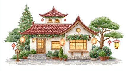 Naklejka premium Charming Japanese House Adorned With Festive Christmas Lights And Red Lanterns Surrounded By Greenery