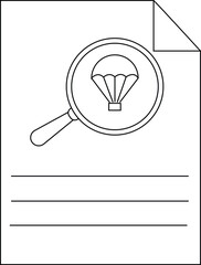 Line art shows a paper with a magnifying glass over a parachute drawing and three lines
