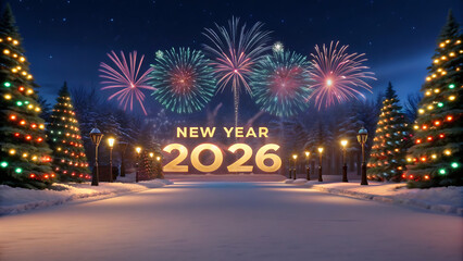 A festive winter scene with fireworks christmas trees and a new year display