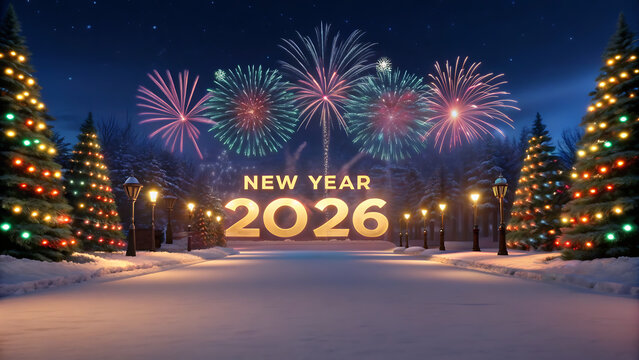 A festive winter scene with fireworks christmas trees and a new year display