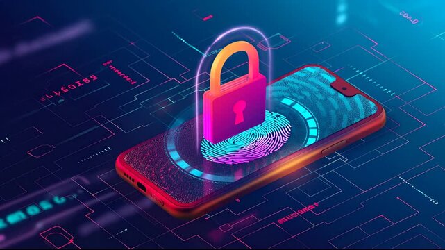 A glowing padlock and fingerprint icon on a smartphone screen, representing digital security and data protection.