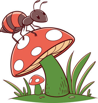 Ant Sitting On Mushroom, Story Visuals Elements Illustration