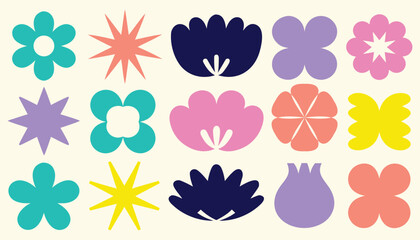 Simple Retro Colorful Abstract Flower Shapes Icon and Motif Collection