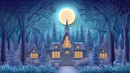 Obraz premium Enchanted Winter Forest Castle At Night With Full Moon and Snow Covered Trees