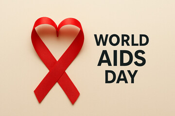 A red ribbon forming a heart and the text world AIDS day on a beige background