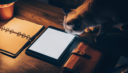 Curious cat sniffing digital tablet on wooden desk with open notebook and leather planner, warm home lighting creates cozy atmosphere for work or study