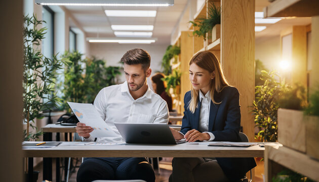 Two office workers reviewing documents together in bright modern workspace with natural light, indoor plants, and professional atmosphere, showing teamwork and focus - Powered by Adobe