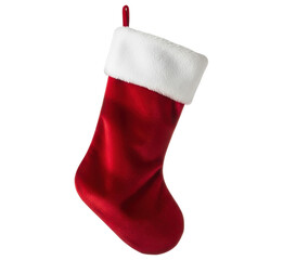 Classic red christmas stocking with white fur on transparent background