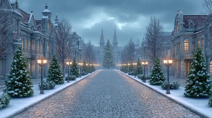Obraz premium Snowy European Street Scene With Christmas Tree Lights Glowing In The Distance Evening