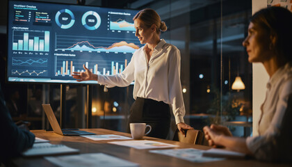 Businesswoman presenting data to team in modern office, confident and focused, with digital charts and graphs on screen, teamwork and analysis, evening meeting atmosphere