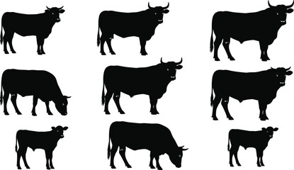 Cow silhouette grid, black vector cows, animal posture set, grazing cow poses, farm animal illustration, livestock stance collection, horned cattle
