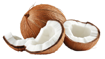 Whole and half coconut with fresh white flesh and natural brown shell including multiple slices showing tropical fruit detail isolated on white background