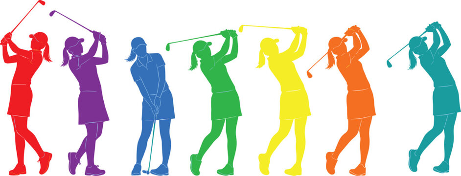 Golf swing silhouette, colorful golf poses, sports motion art, dynamic athlete illustration, vibrant golf action, golf training vector, golfing stages - Powered by Adobe