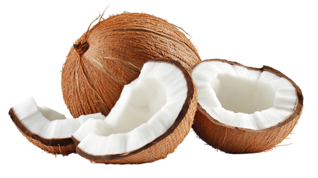 Whole and half coconut with fresh white flesh and natural brown shell including multiple slices showing tropical fruit detail isolated on white background