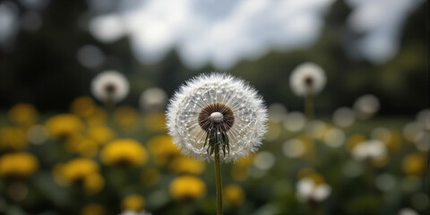 Obraz premium Ethereal Dandelion Constellation Extreme close-up of seed head creating abstract geometric sphere in monochromatic white palette against blurred background. Macro