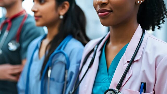 A diverse group of medical professionals, including doctors and nurses, standing together in a hospital or clinic setting, wearing scrubs and stethoscopes.