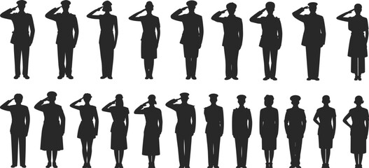 Military men and women silhouettes saluting, uniformed army personnel, disciplined service members, armed forces illustration set, patriotic soldier icons collection