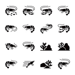 Obraz premium Shrimp Prawn Black Silhouette Icons with Coral and Marine Plants