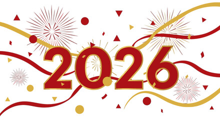 Celebrate 2026 with festive fireworks and ribbon design, perfect for new year promotions and event announcements, a modern and vibrant design element