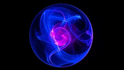 Vibrant 3d sphere of purple and blue waves and glowing particles. Abstract technology concept, Artificial Intelligence, engineering, big data, machine learning. Glowing energy orb on black.