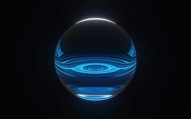 Abstract blue gradient 3d sphere background. Futuristic glass sphere with light reflections and bokeh. Crystall ball and energy orb. Information technology concept, data science, AI.