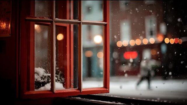 Cozy winter snowfall scene through vintage window with warm interior light and blurred city lights outside creates a peaceful, nostalgic atmosphere