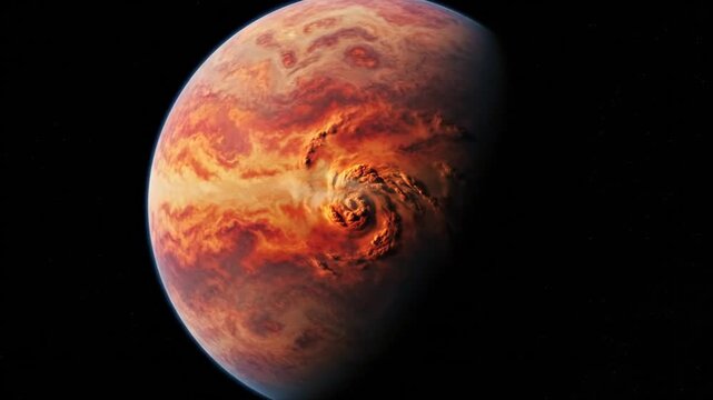 Visualization of a fictional planet with a prominent vortex in an outer space