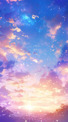 アニメ調のキラキラ輝く夜明けの背景イラスト