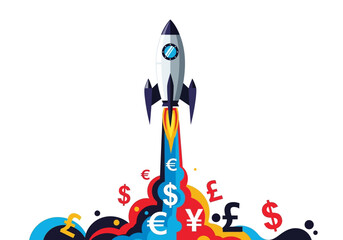 Concept of rapid financial growth, investment success, and economic takeoff illustrated by a rocket launching with a trail of currency symbols
