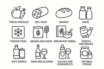 Grocery food and product categories line icon set with items like fruits, meat, pasta and beverages. Vector illustration pictograms of snacks, candy, sauces, cereal, grains, wine, editable stroke.